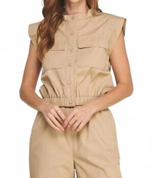 NEW STRUT & BOLT contrast piping detail poplin vest jacket in taupe
